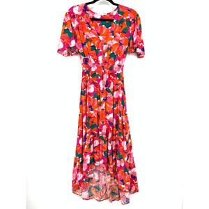Abel The Label Hi Low Midi Dress Womens M Red Orange Floral Print Short Sleeve